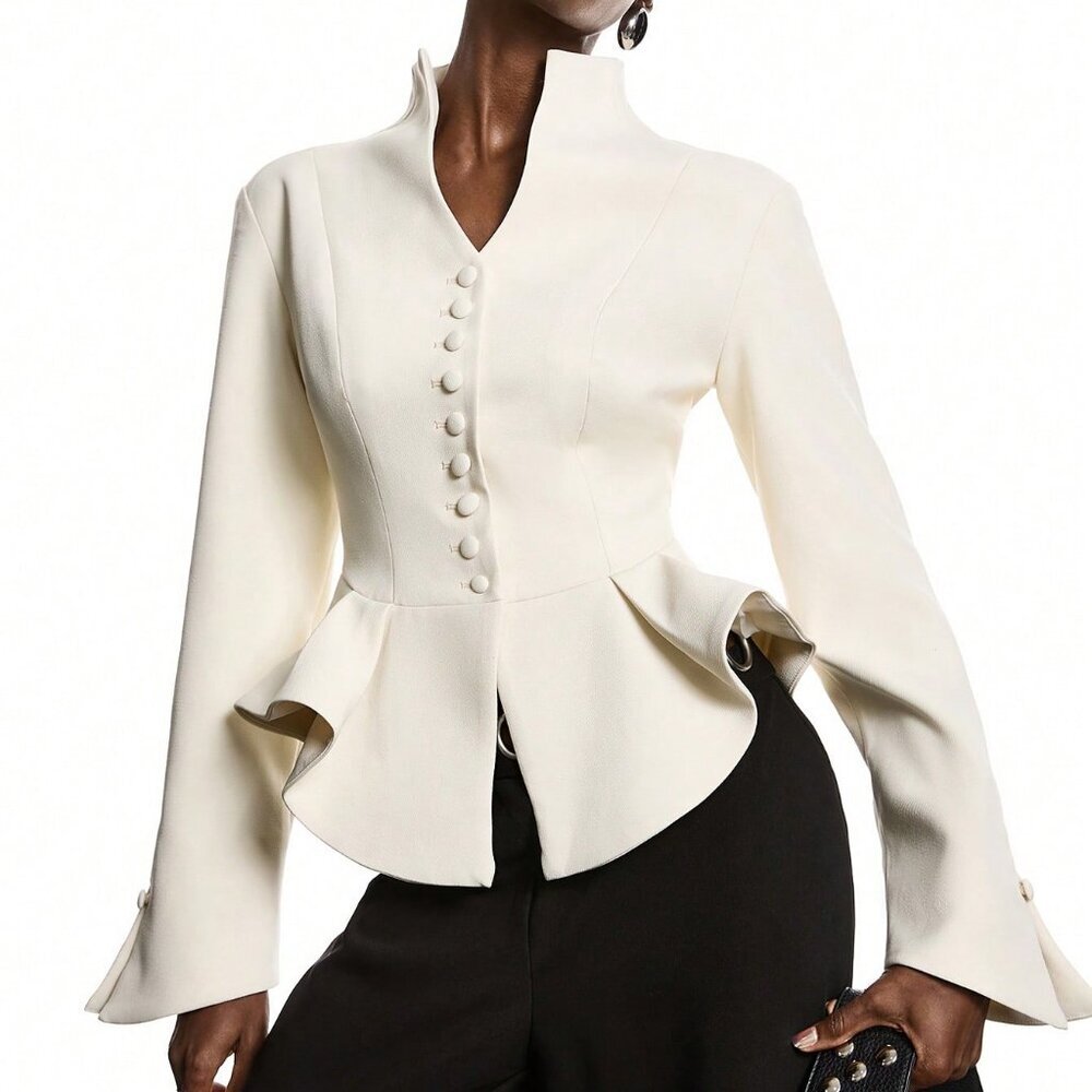 Apricot Elegant Women's Minimalist Fitted peplum blazer top - Picture 5 of 9